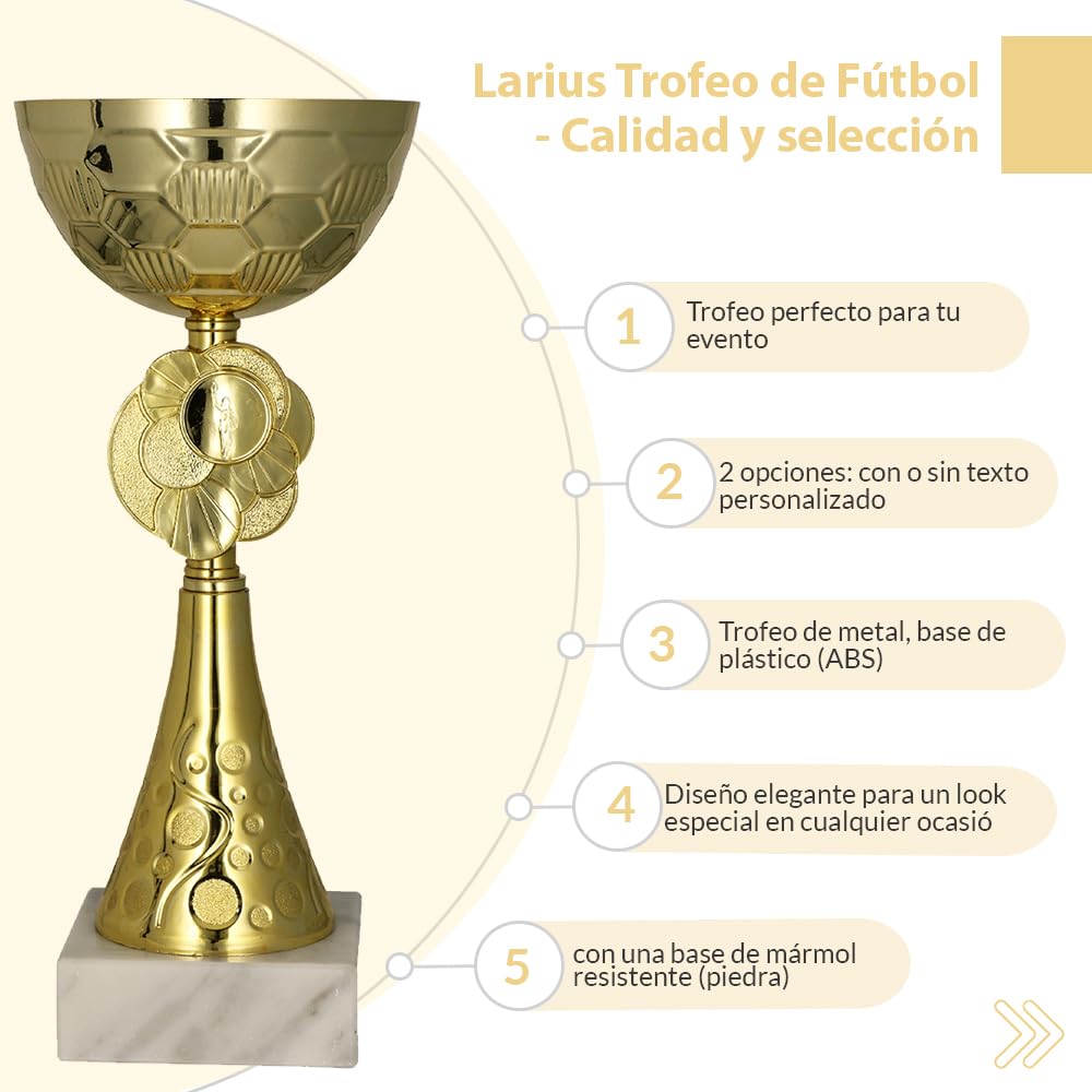 Larius Trofeo (20 cm, 245 g) – Trofeo Personalizable de Metal con Base de Piedra – Ideal para Torneos, Fútbol, Cumpleaños Infantiles, Equipos y Premios – Modelo M2