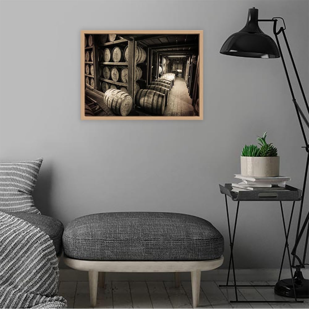 VERRE ART Printed Framed Canvas Painting for Home Decor Office Wall Studio Wall Living Room Decoration (22x14inch Wooden Floater) - Bourbon Barrels