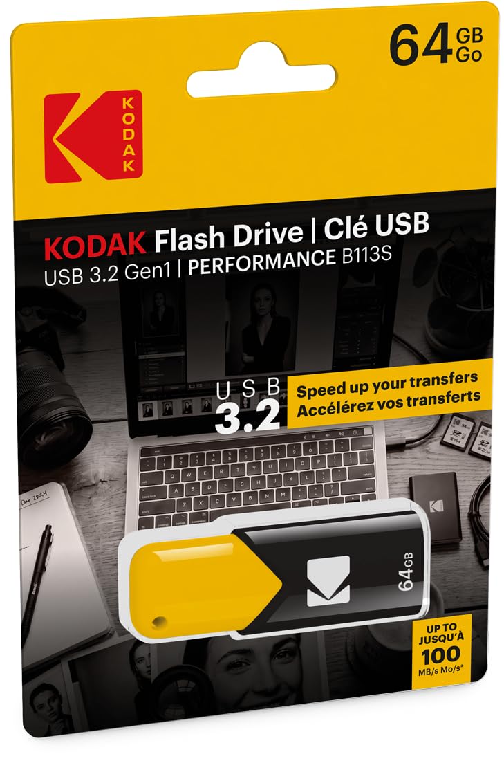 Kodak Chiavetta USB 3.2 da 64 GB, serie B110S, fino a 100 Mb/s, senza cappuccio