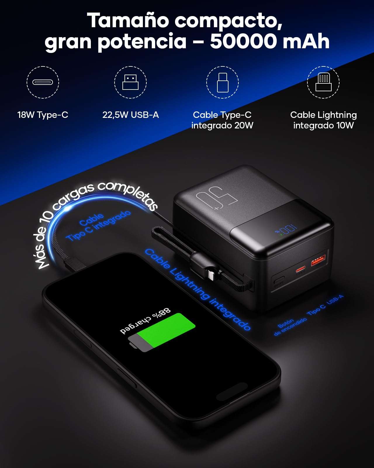 PowerBank 50000mAh Cable Integrado: Batería Externa de Carga rápida de 22,5W ultracompacto y de Gran Capacidad, Cargador portátil con 4 Salidas y 1 entradas. MP3 con Cargador portátil