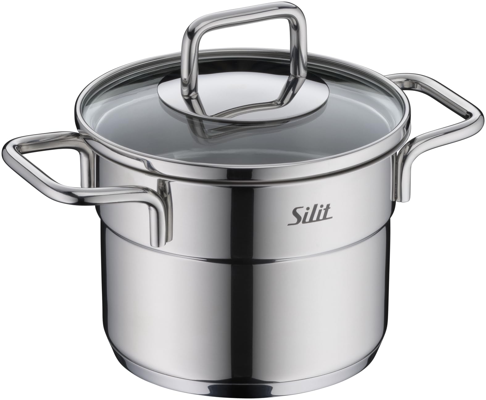 Silit Extra Cook Kochgeschirr-Set 4-teilig, Kochtöpfe 12/14 cm mit Glasdeckel, Innenskalierung, breiter Schüttrand, Crominox-Edelstahl, kleine Portionen, platzsparend stapelbar, tropffrei