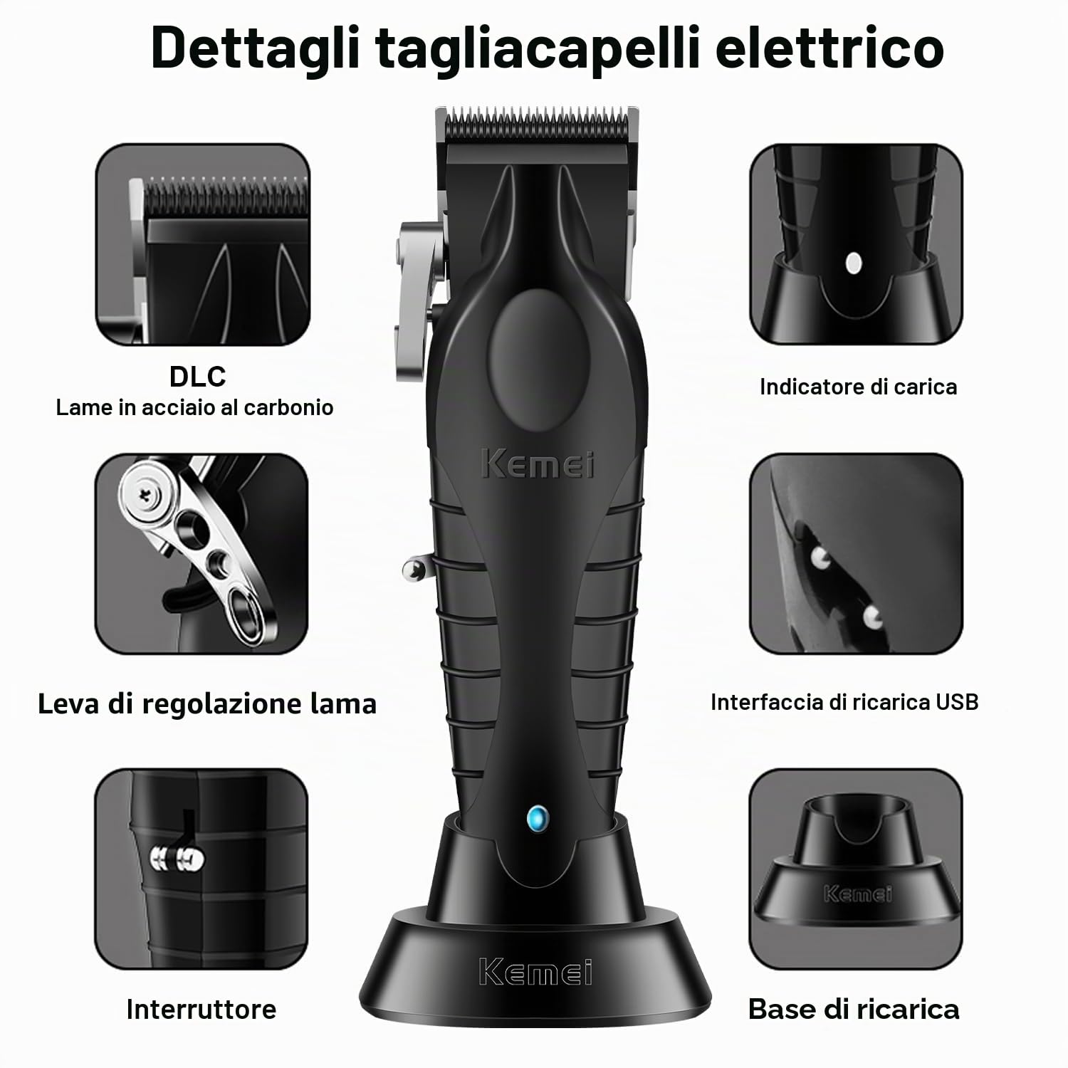 KEMEI 2296 - Tagliacapelli professionale uomo, senza fili, ricaricabile USB, 350 minuti, 8 pettini guida