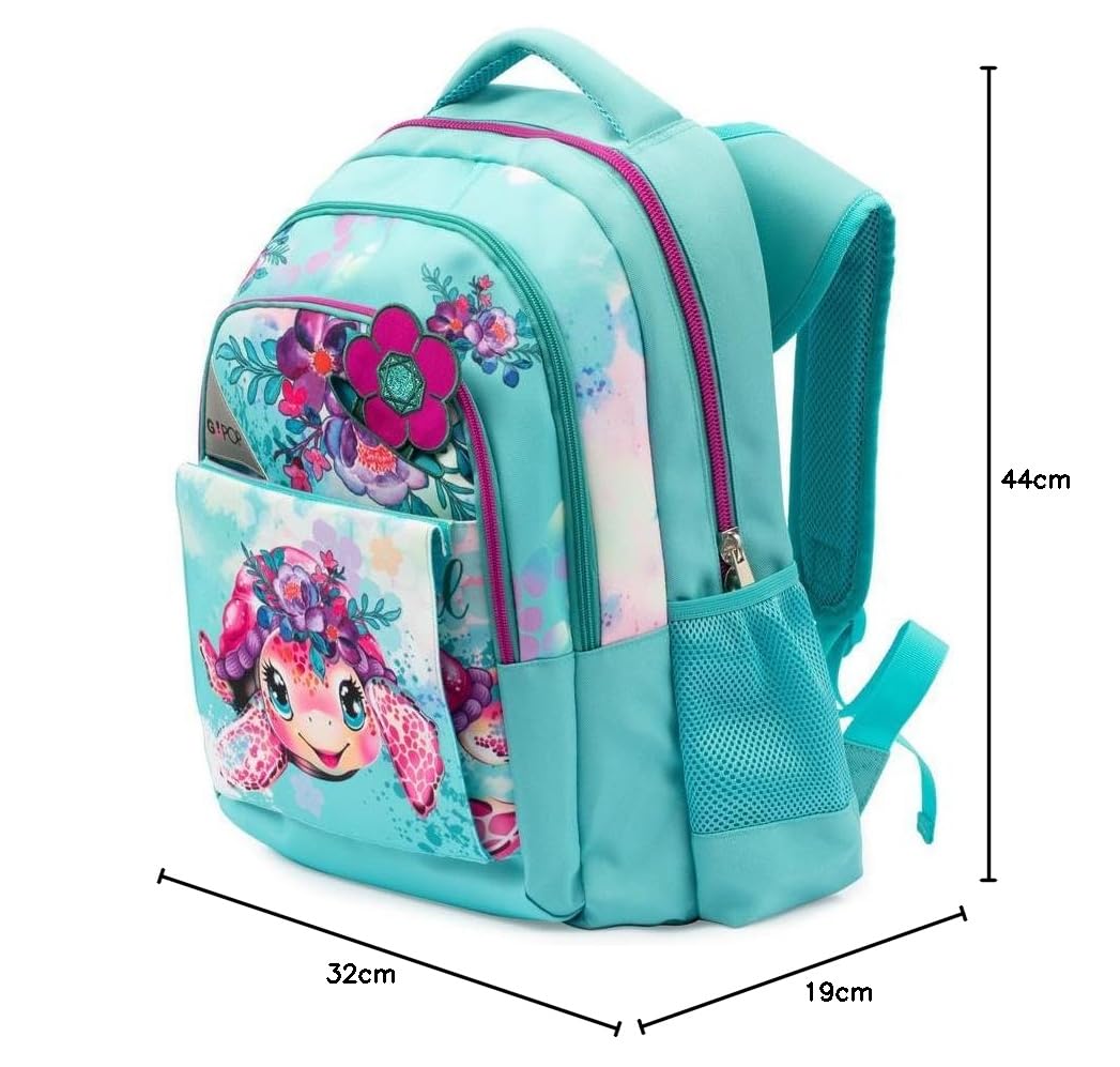 Go Pop - Zaino Modello Turtle Bloom, 3 Scomparti,Tasche Interne E Laterali Porta Borraccia, Schienale E Spallacci Imbottiti, Con Fascia Personalizzata E Pop Up, Lt 24, Dim 32x44x19,Scuola Elementare