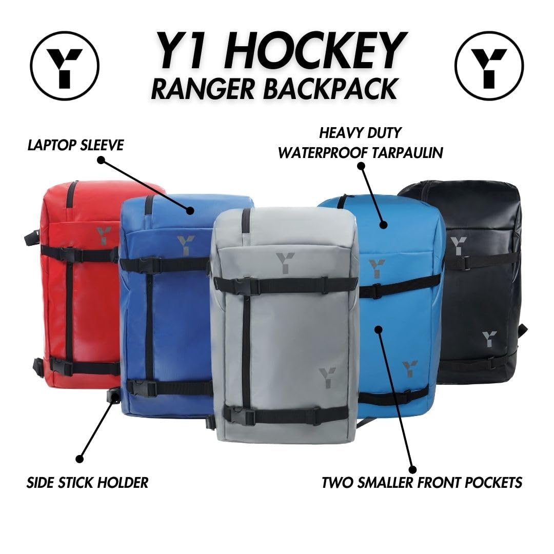 Ranger Sac à dos imperméable, bâche robuste, bretelles rembourrées, dos rembourré, Y1 Sport, noir, support de crosse de hockey