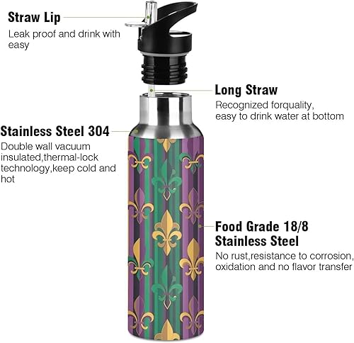 Miniatura 3 de BPA-Free Sport Water Bottle Insulated 20 Oz, Stainless Steel Water Bottle for Gym Outdoor Travel School, Fleur De Lis Mardi Gras