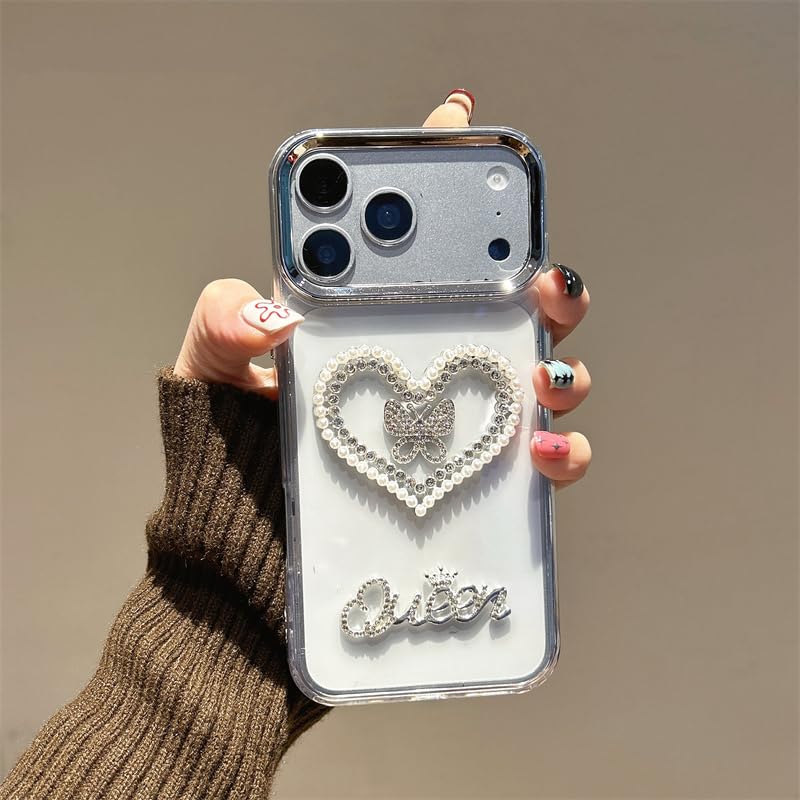 Phone Case for OPPO Find X7 Ultra/Find X7 Pro,Clear TPU Cover with 3D Pearl Heart Rhinestone Butterfly “Queen” Design,Detachable Bracelet Wrist Strap Cute Sparkly Protective Case-Clear