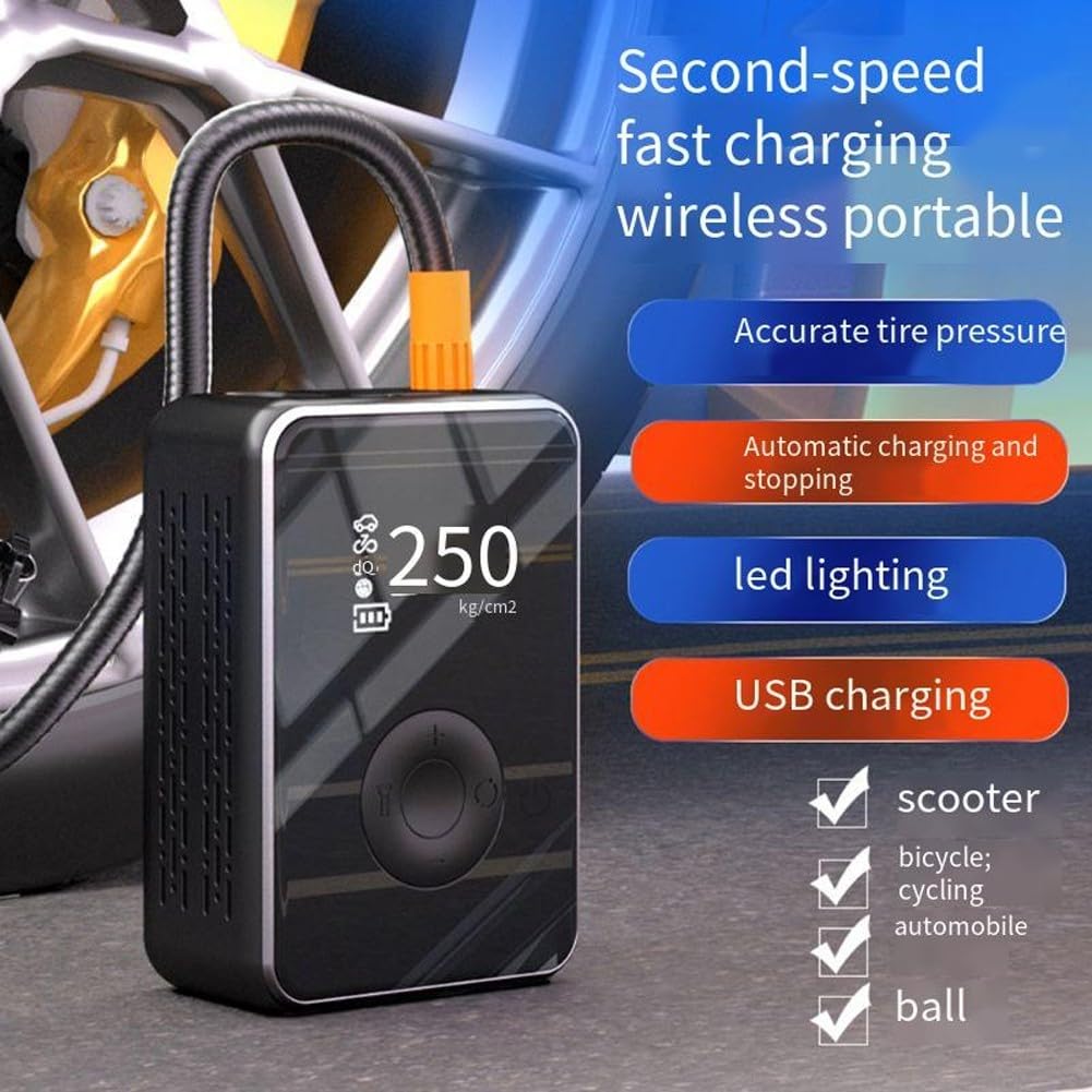 Gonfiatore per pneumatici wireless multi modalità per auto e palloni sportivi con pressione preimpostata, gonfiaggio rapido, arresto automatico, ricarica USB e funzione luce LED