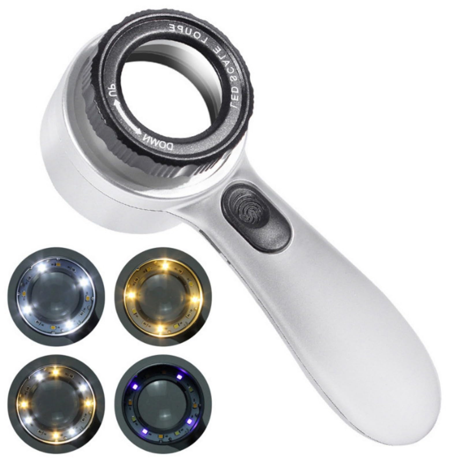 Rechargeable Ergonomic 30x Magnifier with 4 Color LED Modes for Antique Coin Stamps Appraisal Handheld Jewelry Inspection Tool