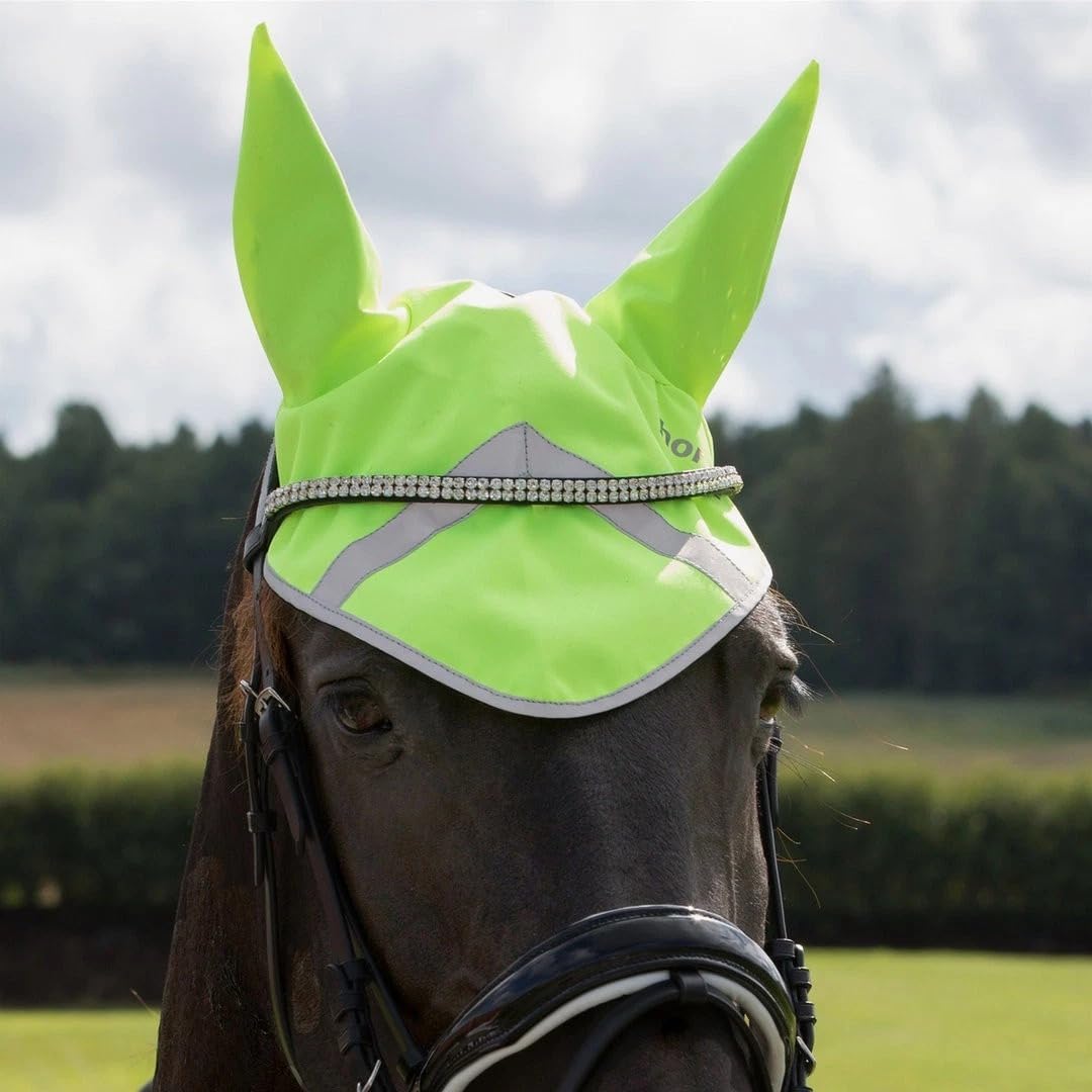 Horsemasters Hi Viz Ear Bonnet – Yellow Reflective Horse Ear Cover – Bright High Visibility Bonnet with Reflective Strips for Road & Low Light Riding – Comfortable, Easy Fit Safety Gear