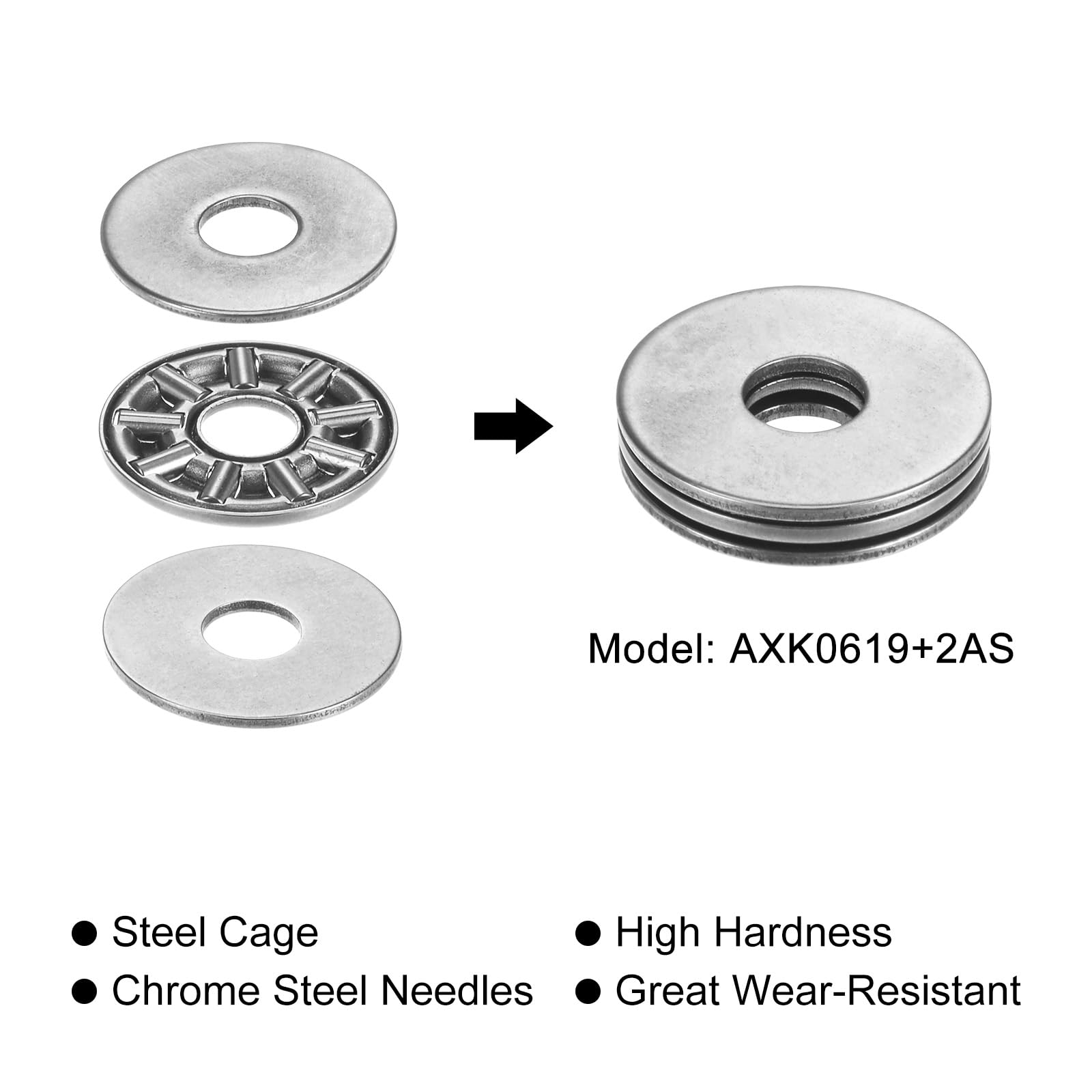 Produktbild von Sourcing Map AXK0619 Axial-Nadellager Mit Unterlegscheiben – 6mm Bohrung, 19mm Außen, Set 10 Stück