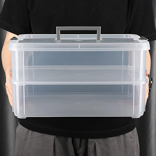 Miniatura 4 de BTSKY Caja de almacenamiento portátil multiusos de 2 capas, organizador de almacenamiento portátil multiusos para organizar papelería, costura, Gris