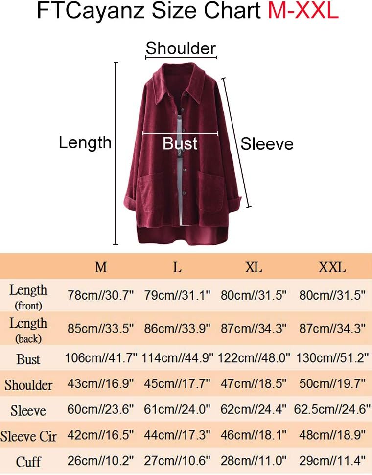 FTCayanz Women's Corduroy Shirt Jacket Casual Long Sleeve Coat Button Down Outerwear Tops - Image 6