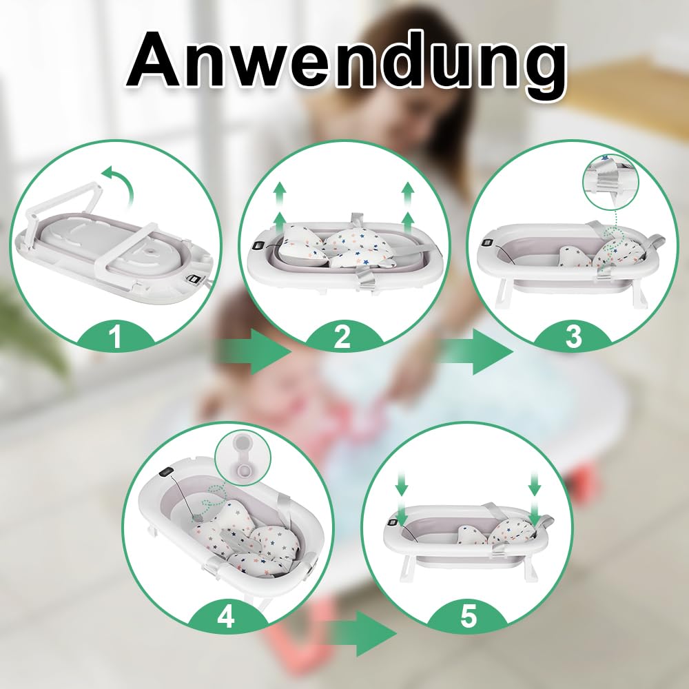 Baignoire pour bébé pliable XXL avec coussin antidérapant et thermomètre