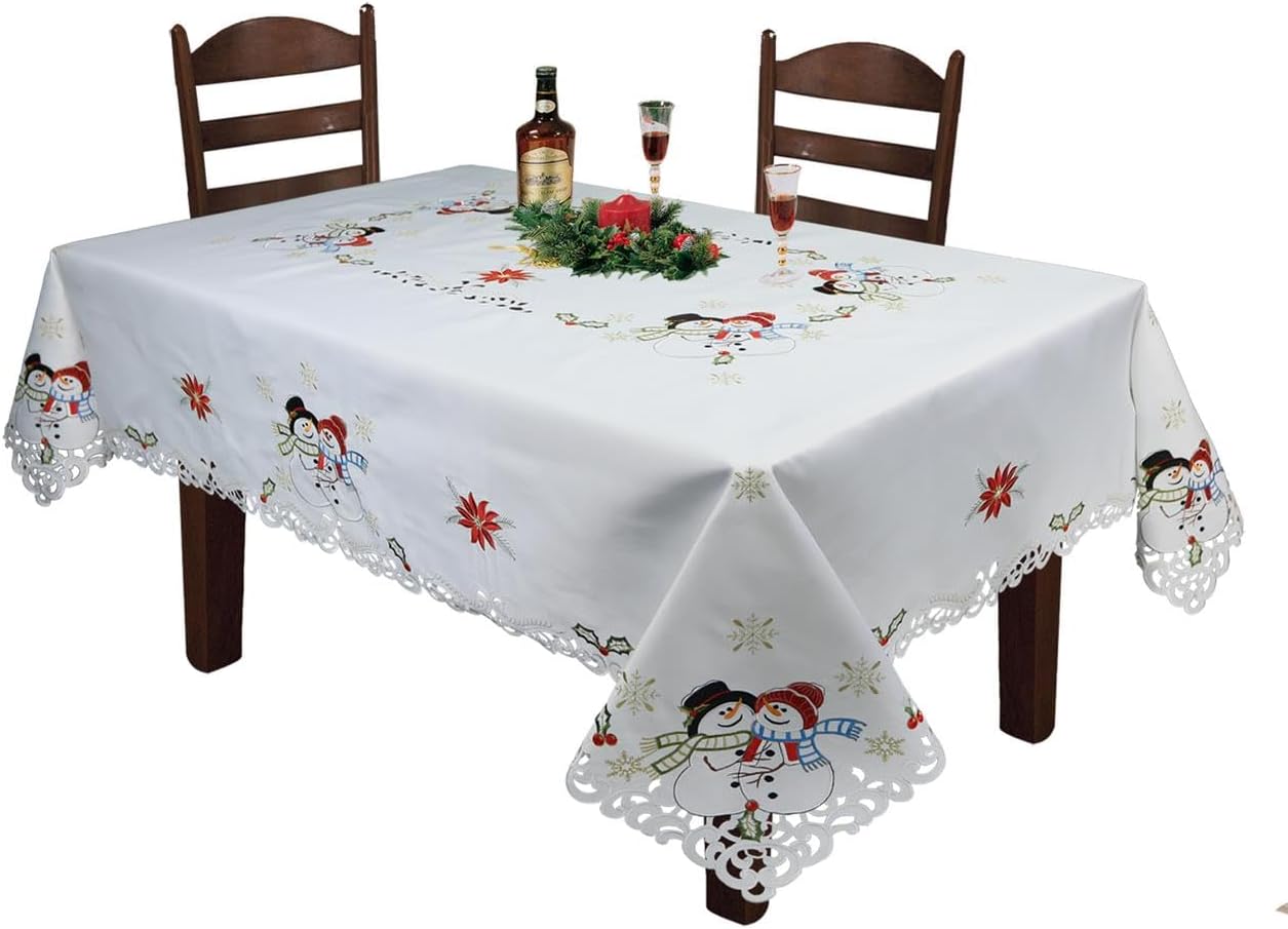 Creative Linens Holiday Christmas Tablecloth 52” Round Embroidered Snowman Snowflake Poinsettia Winter Table Topper White