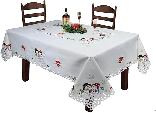 Creative Linens Mantel navideño de 70 x 90 pulgadas con 8 servilletas bordadas de muñeco de nieve, copo de nieve, flor de pascua, mantel de Creative Linens Mantel navideño de 70 x 90 pulgadas con 8 servilletas bordadas de muñeco de nieve, copo de nieve, flor de pascua, mantel de
