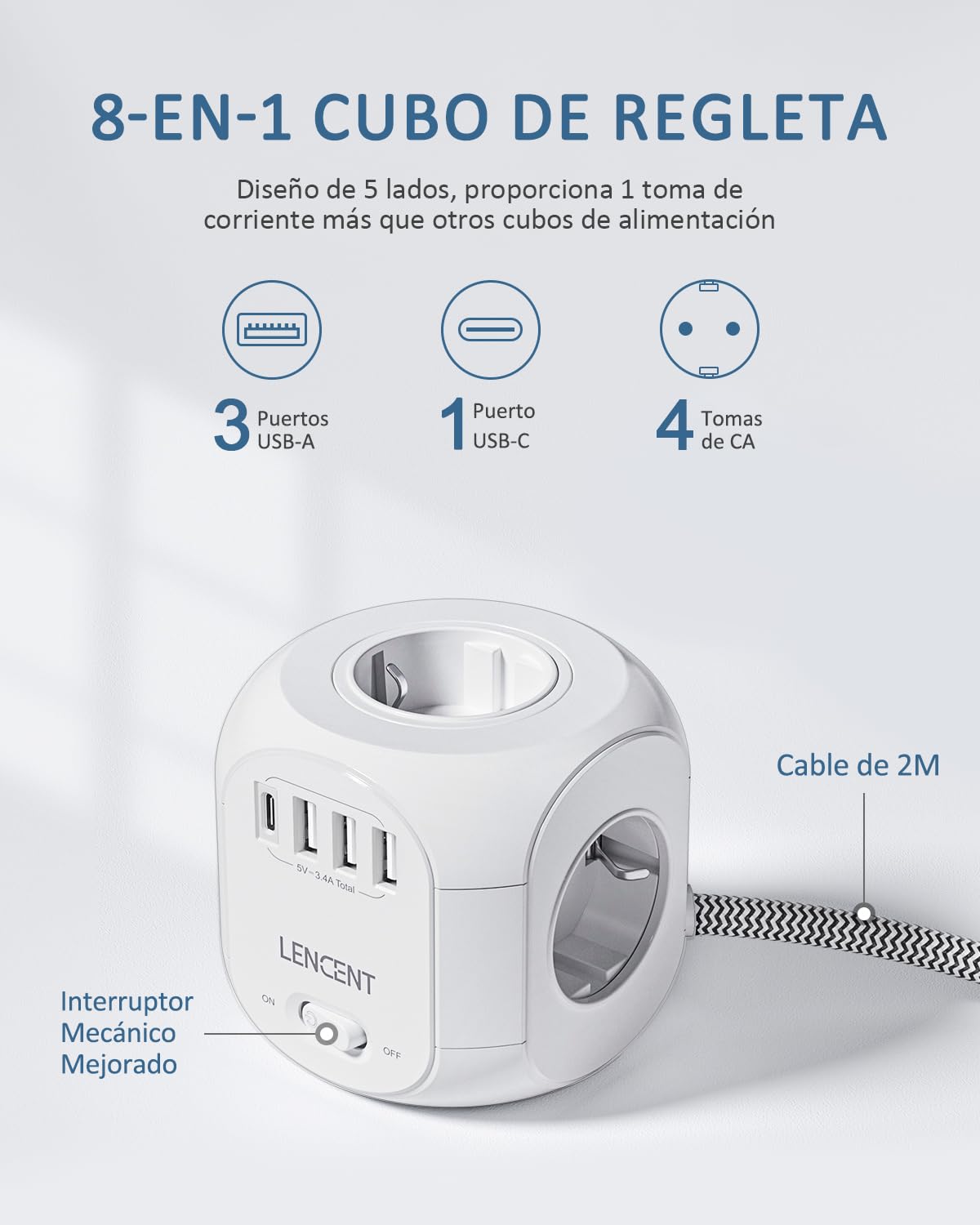 LENCENT Cubo Regleta Enchufes 2M con 4 Tomas de CA, 3 USB y 1 Tipo C | Alargadera Electrica Protección contra Sobretensiones para Familia, Cocina y Oficina White