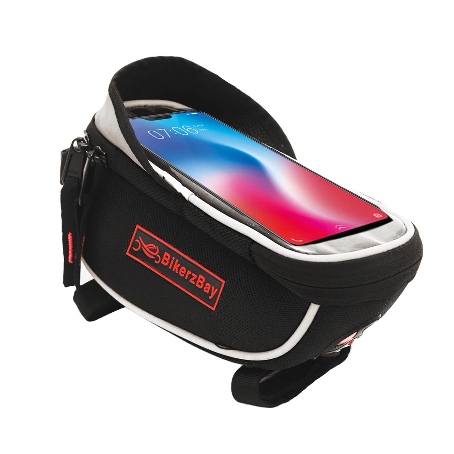 BikerzBay Polyester Bicycle Front Frame Tube Pouch with Reflective Visor – Water Resistant Cycle Mobile Holder Bag with Touch Screen for up to 7.2 inch Phones (Pack of 1) Black (B09FY47J5H) Amazon Price History, Amazon Price Tracker
