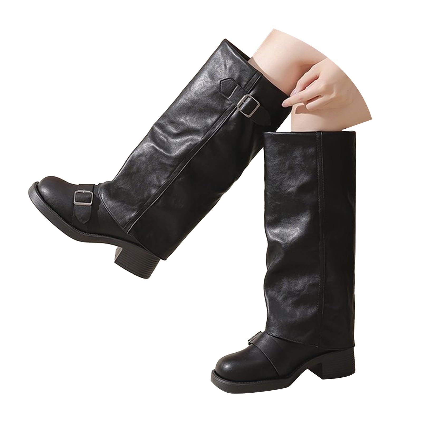 Generico Stivali Donna con Tacco Invernali Autunnali Texani Cowboy Stivaletti Alti Stivali al Ginocchio Stivaletti Punta Stivaletto Wide Fit con Plateau Blocco scarpe Gamba Larga in Pelle