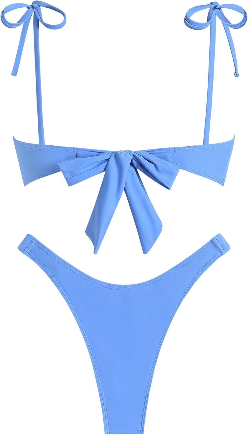 ZAFUL Women's Sexy Tie Spaghetti Strap Bikini Textured O Ring Ruched High Leg Swimsuit Cheeky Bathing Suits - Image 3