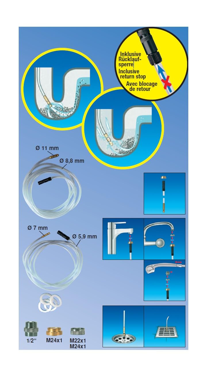 ROTHENBERGER Industrial ROJET 9teiliges Hochdruck Abflussreiniger Set | Druckreiniger | Rohrreinigungsschlauch | Reinigung mittels Wasserdruck ohne Chemie | 280cm Länge 70940