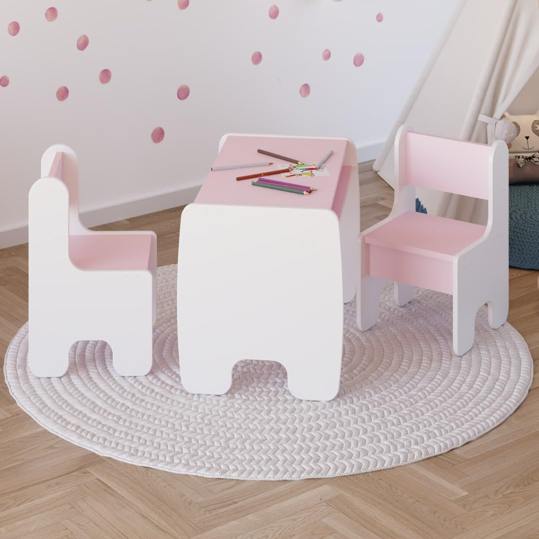 Ensemble Table + 2 Chaises Enfant KOBI – Blanc Et Chêne Doré, Avec Tableau De Peinture, Espace De Rangement