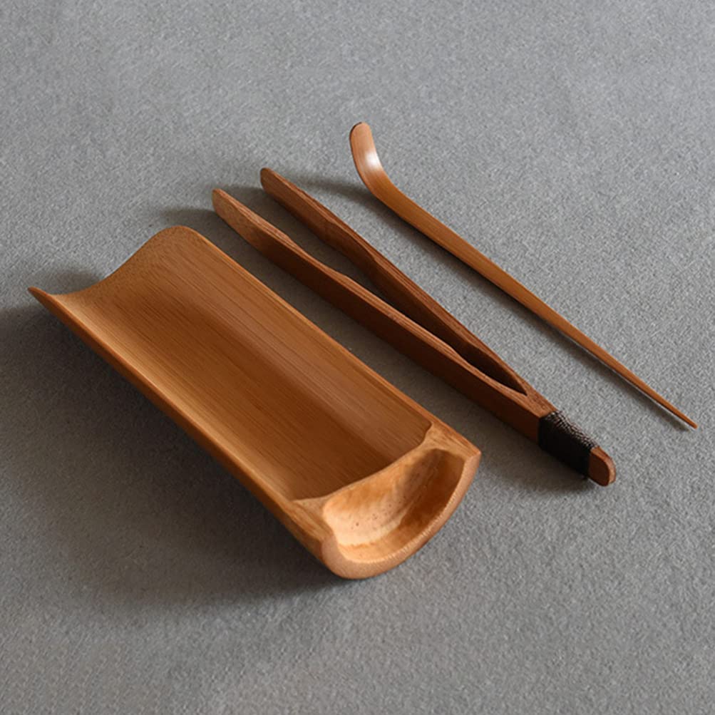 Juego de 3 utensilios para ceremonia de té, herramientas de té chino Gong Fu, juego de té Kungfu, herramientas de té de bambú natural, cuchara, pinzas para amantes del té