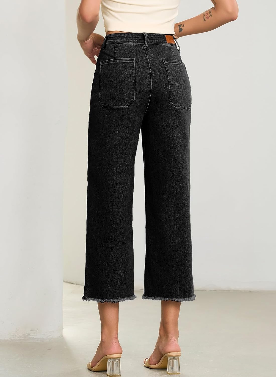 Sidefeel Womens Wide Leg Baggy Capri Jeans High Waisted Straight Leg Stretchy Raw Hem Cropped Denim Pants with Pockets - Image 2