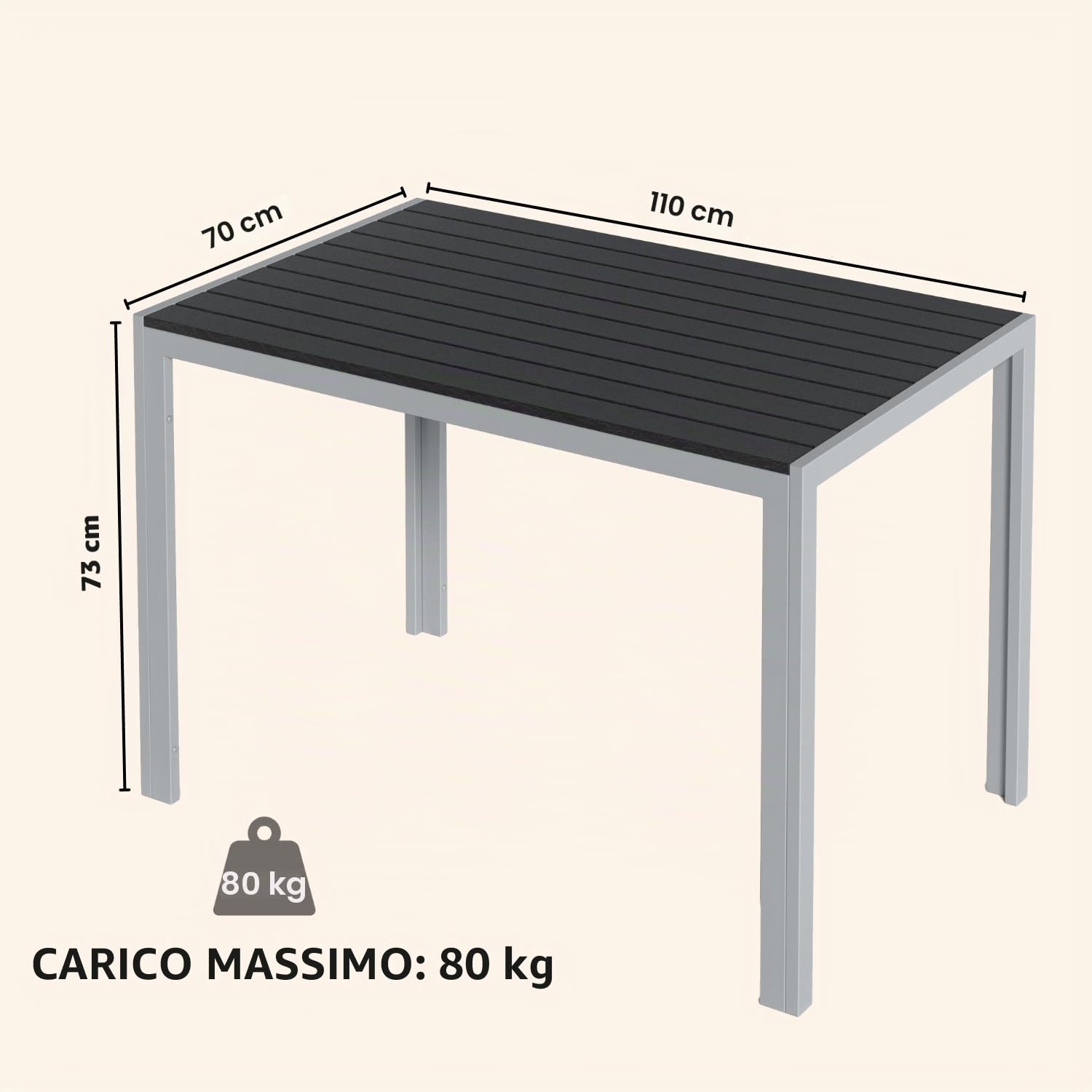 Clevich Tavolo da giardino resistente alle intemperie, 110 x 70 cm, tavolo da pranzo per esterni, in WPC, telaio in alluminio, resistente alle intemperie, tavolo quadrato per terrazze, colore: argento
