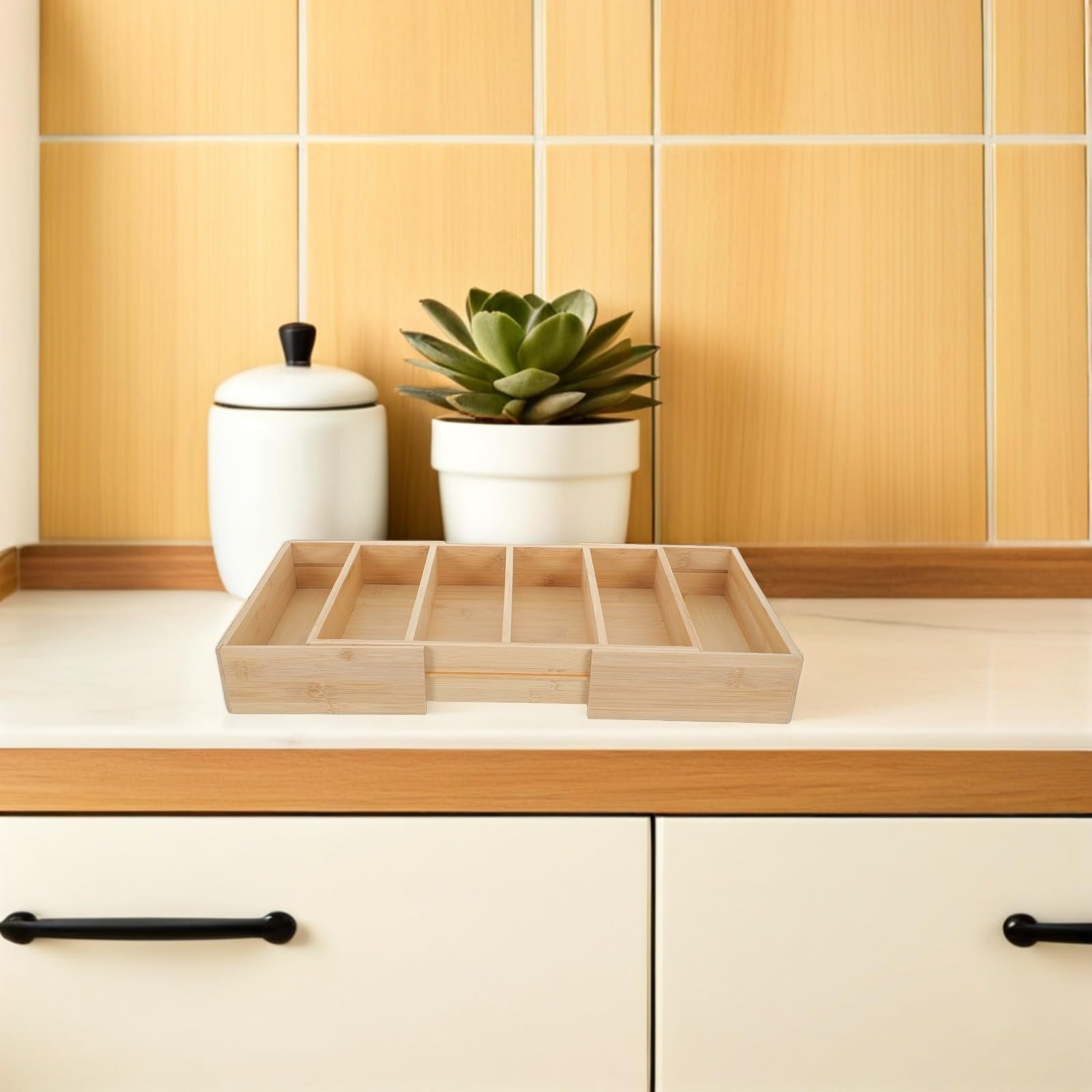 ABOOFAN Organizzatore Design Naturale in Bambù Divisori Regolabili Espandibile Scatola per Ripiani e Soluzione Salvaspazio Efficiente per Cucina e Dispensa