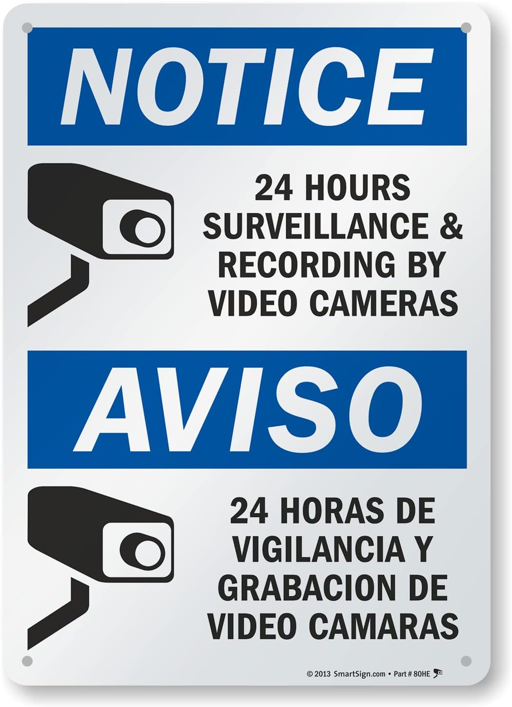 SmartSign 12" x 18" (2-Pack) Bilingual "24 Hours Surveillance" Notice Yard Sign with 15" tall Metal H-Stake, Double-Sided, 160 mil Thick Corrugated Plastic Lawn Signs, Made in USA