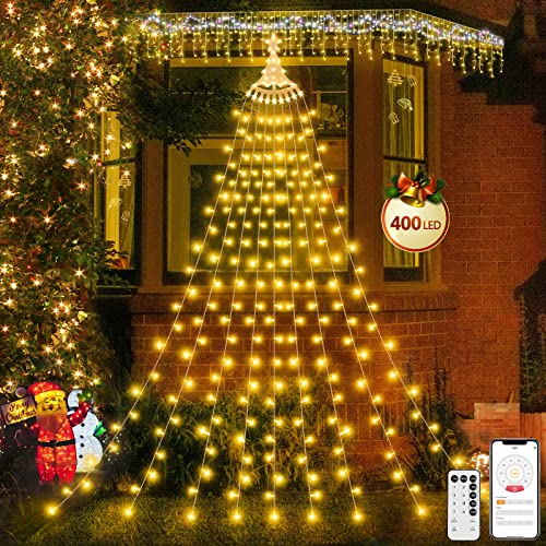 Luces Navidad Exterior Led, 400 LED 9 * 4.1M Luces Arbol Navidad Interior con Estrella Cortina Guirnalda con App, 8 Modos, Impermeable IP44