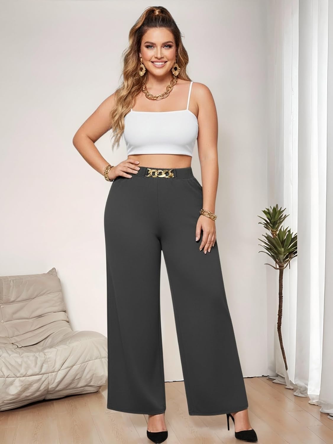 Women's Plus Size Wide Leg Pants Elegant Chain Decor High Waisted Stretchy Work Office Trousers - Image 5