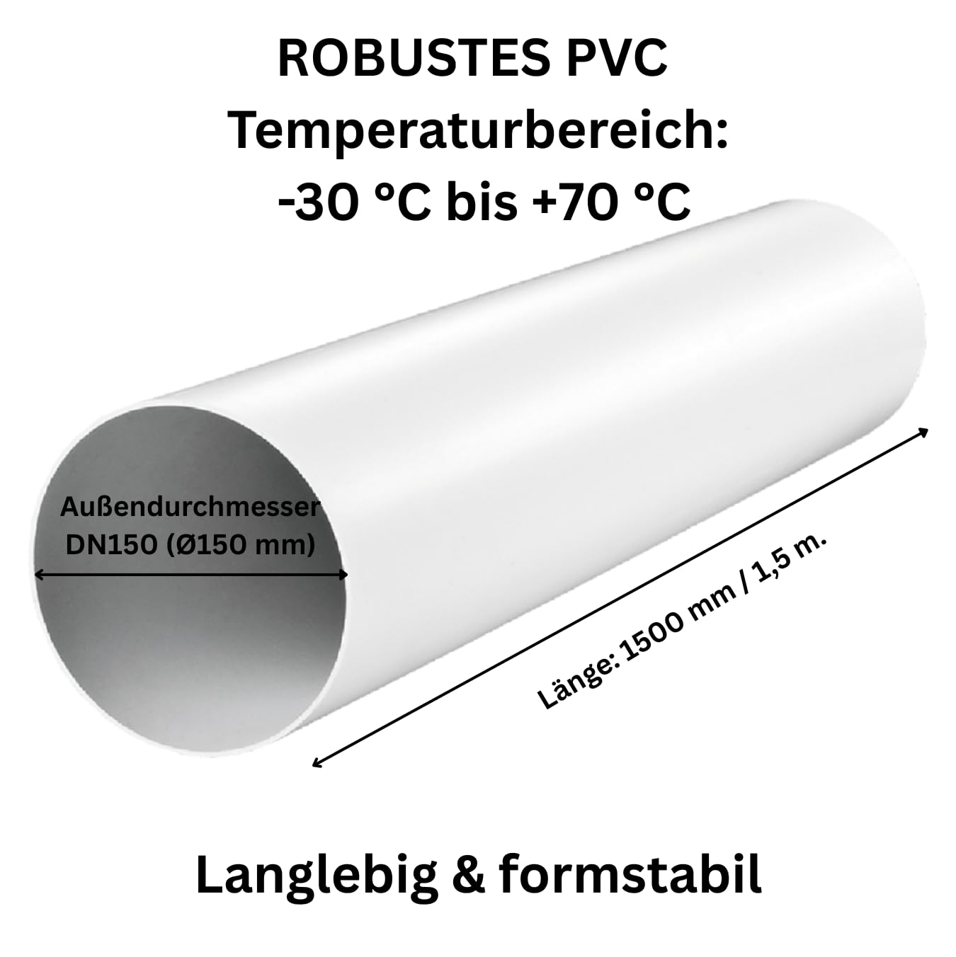 Tubo rotondo in PVC per sistema di ventilazione, diametro 100-125-150mm, lunghezza 0,5-1-1,5m, tubo per aspirazione e scarico, canale di ventilazione ABS in plastica bianca, canale rotondo, sistema di