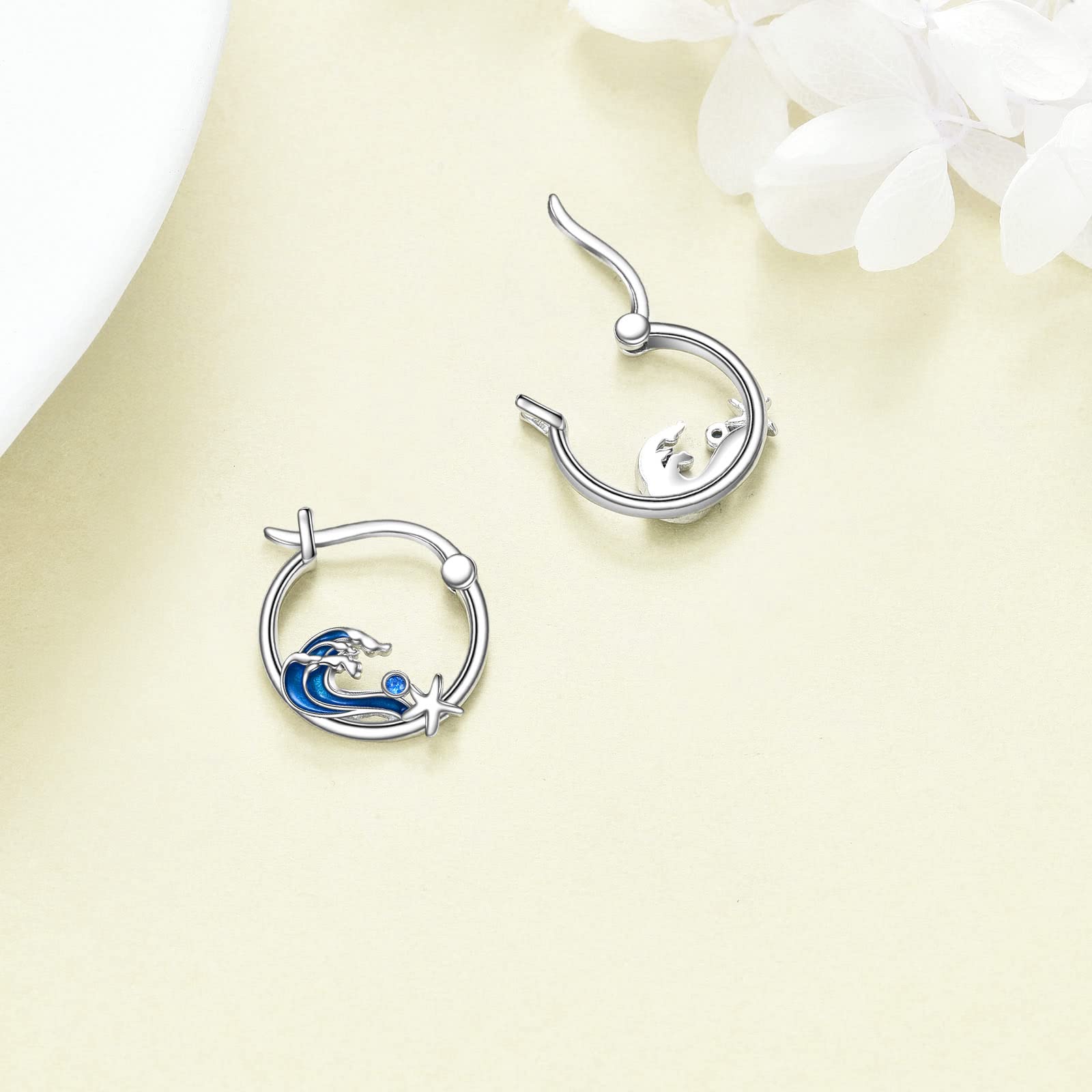 YFN Pendientes de estrella de mar de playa para mujer, plata de ley, océano, ola, aro, pendientes