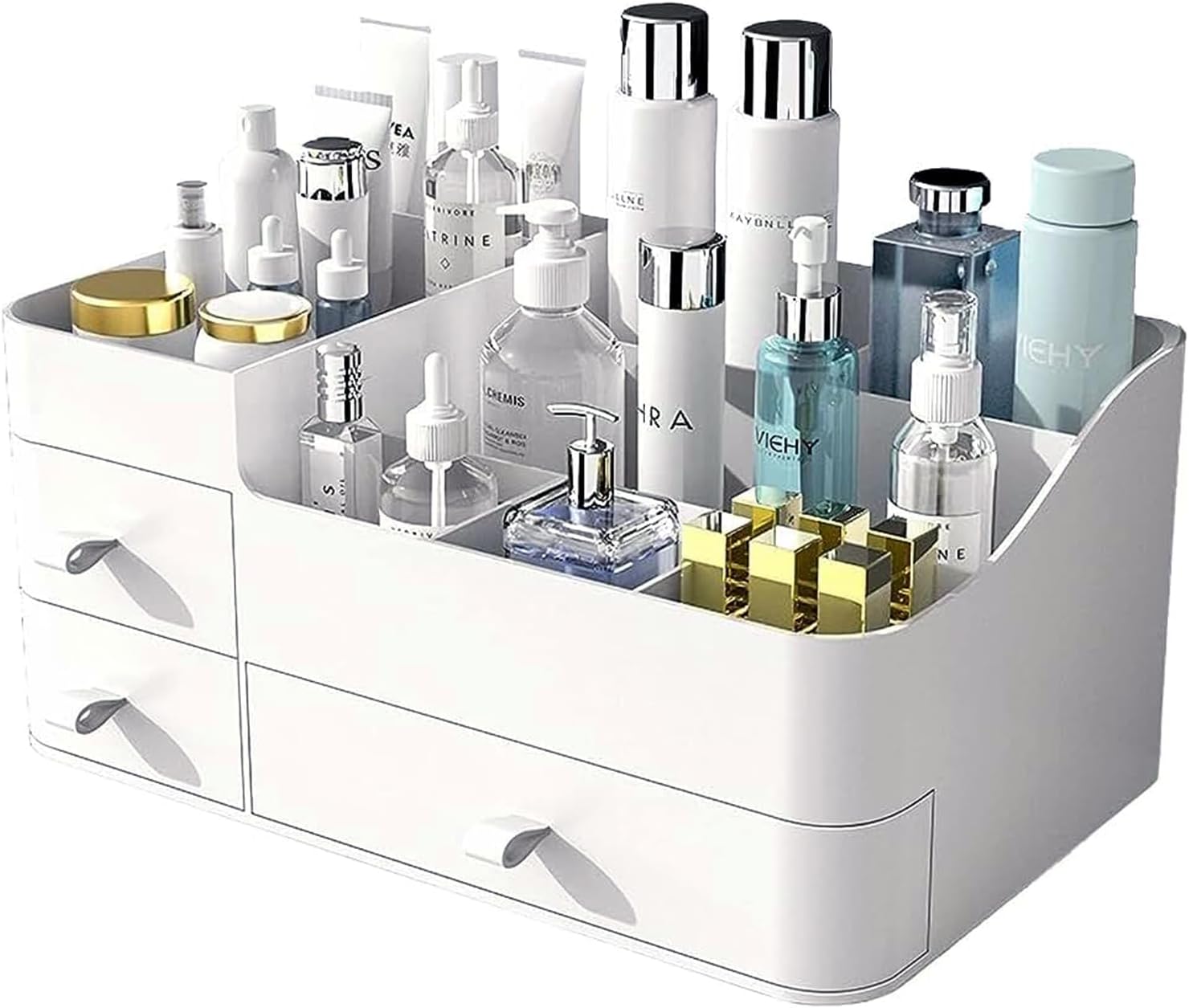 Yoawllty Makeup Organizer, Cosmetic Organizer Storage Box with Drawer, Elegant Vanity Case for Bathroom Bedroom Office Supplies(White)