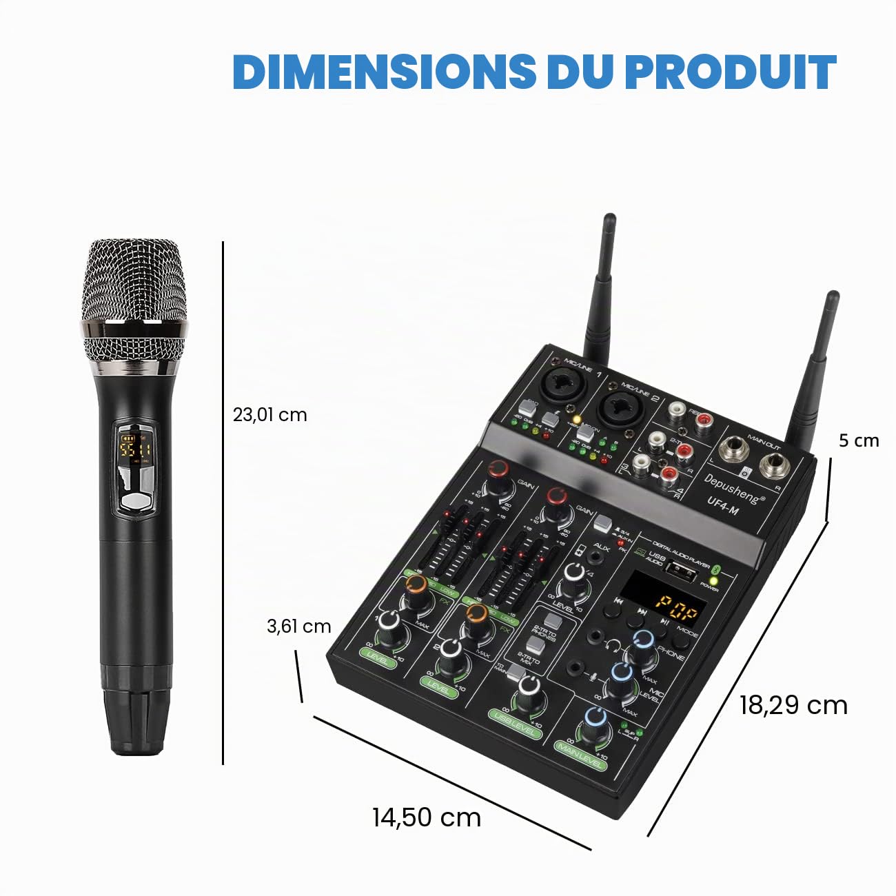 Depusheng UF4-M Table de Mixage Audio Studio - Console de Mixage DJ Numérique 4 Canaux Bluetooth Portable Professionnelle avec Microphone sans Fil