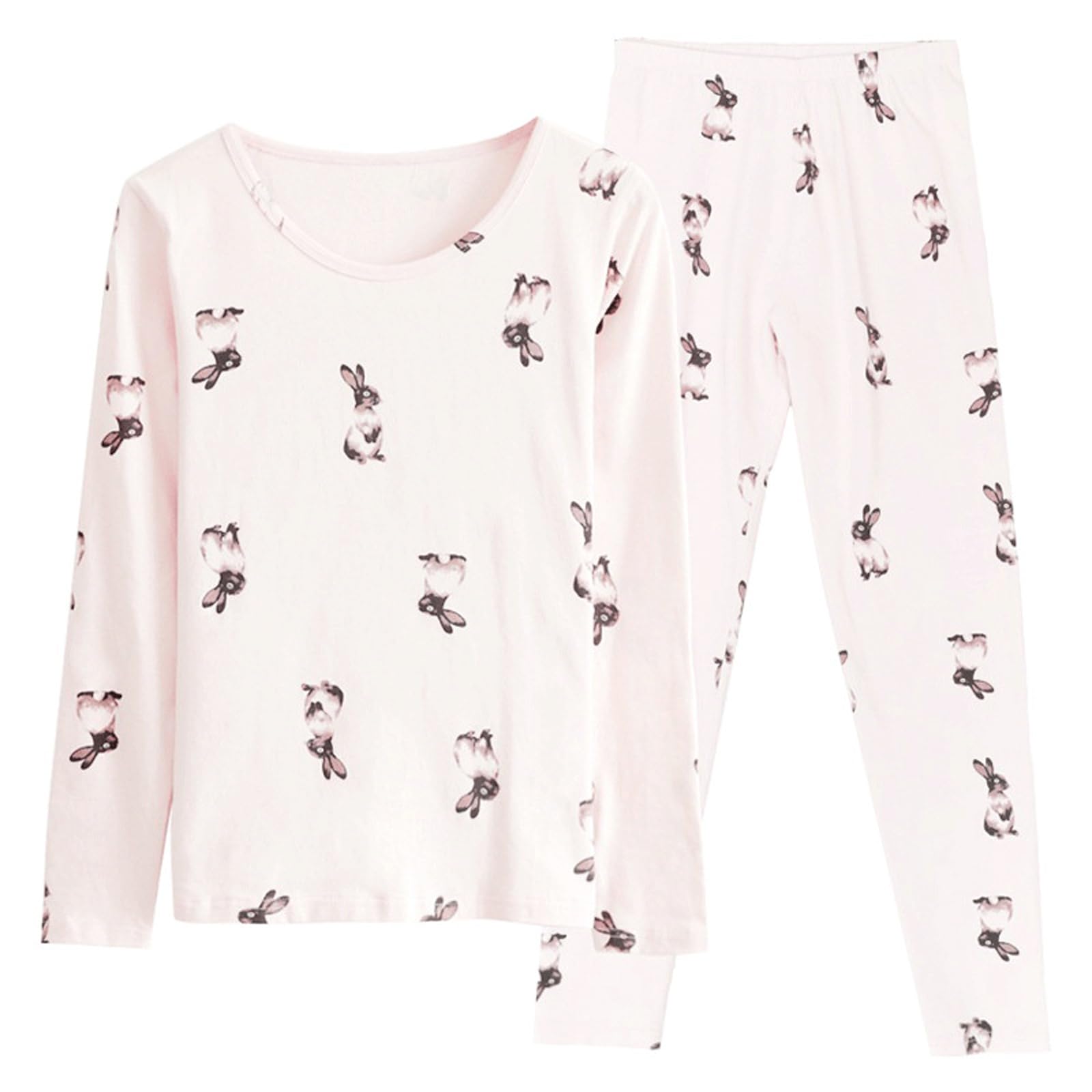 MEOKIM Women's Thermal Underwear Set Kawaii Printed Underwear Shirt Soft Wool Lining Long Shirt Thermal Bottom and top (rabbit,Medium)