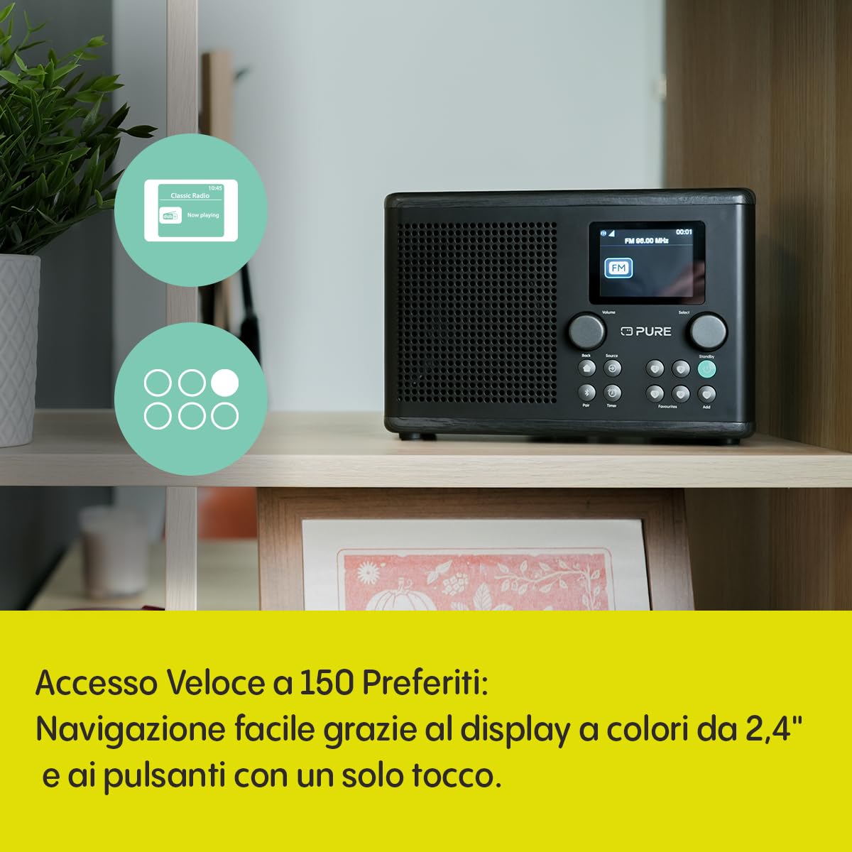 Radio Internet Pure Classic H4i WiFi DAB+ FM Bluetooth 5.3 USB Altoparlante 10W Schermo 2,4" Nero