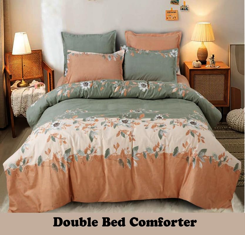 Image of Polycotton Polyester Polyfill 120 GSM Reversible Double Bed Comforter, Blanket, Queen (90x100 inch) Green & Orange