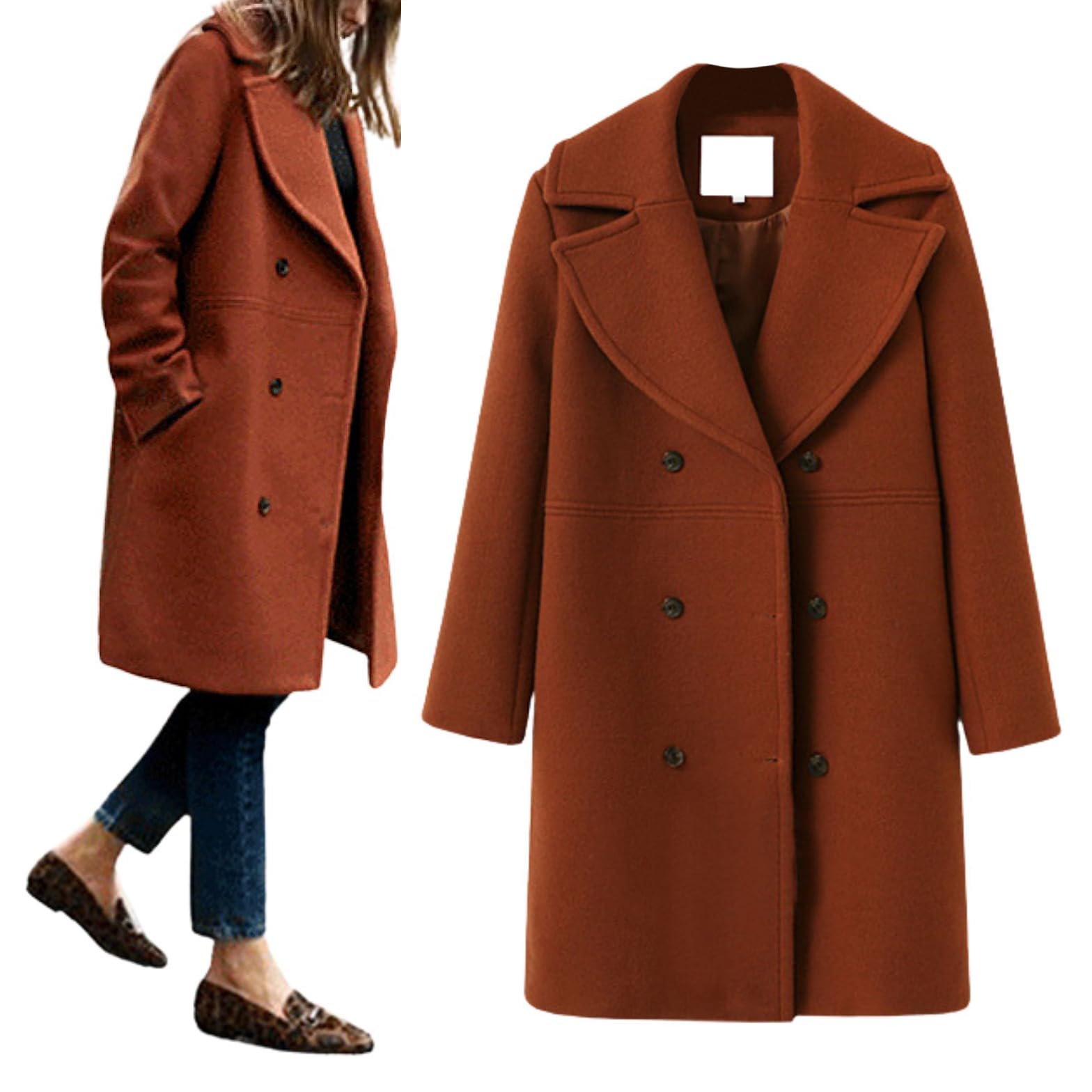 utcoco Women's Wool Blend Double Breasted Pea Coat Notched Lapel Mid Long Trench Overcoat with Pockets-picture-14