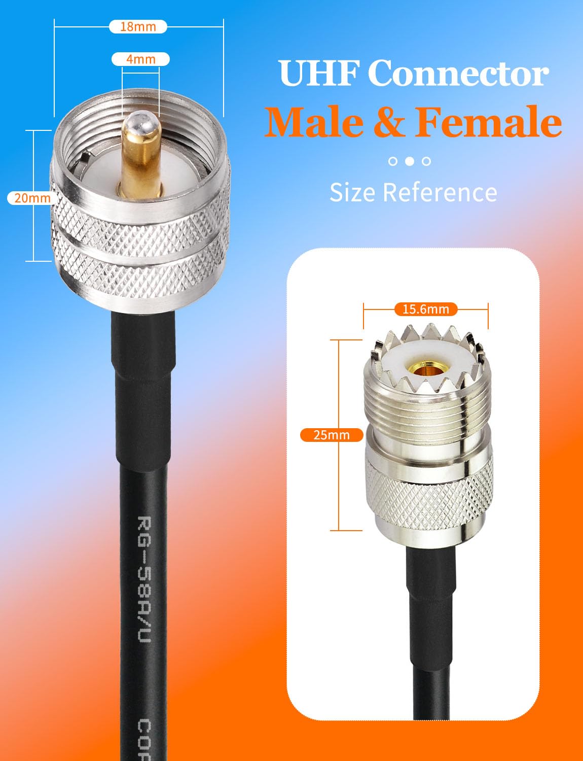 Superbat Cavo Coassiale RG58 CB 60cm UHF PL259 Maschio a Maschio 50 ohm Bassa Perdita per Radio HAM e CB, Analizzatore di Antenna, Carico Fittizio, Misuratore ROS (1 Pezzo)