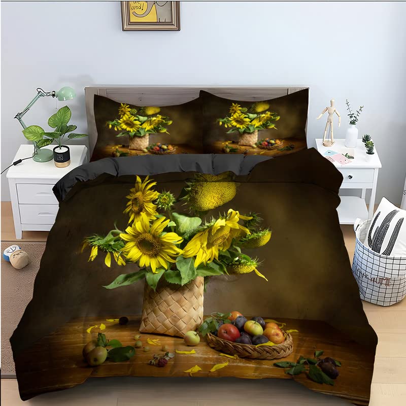 Housse de couette 240x260 fleur noir avec 2 taies pour lit double
