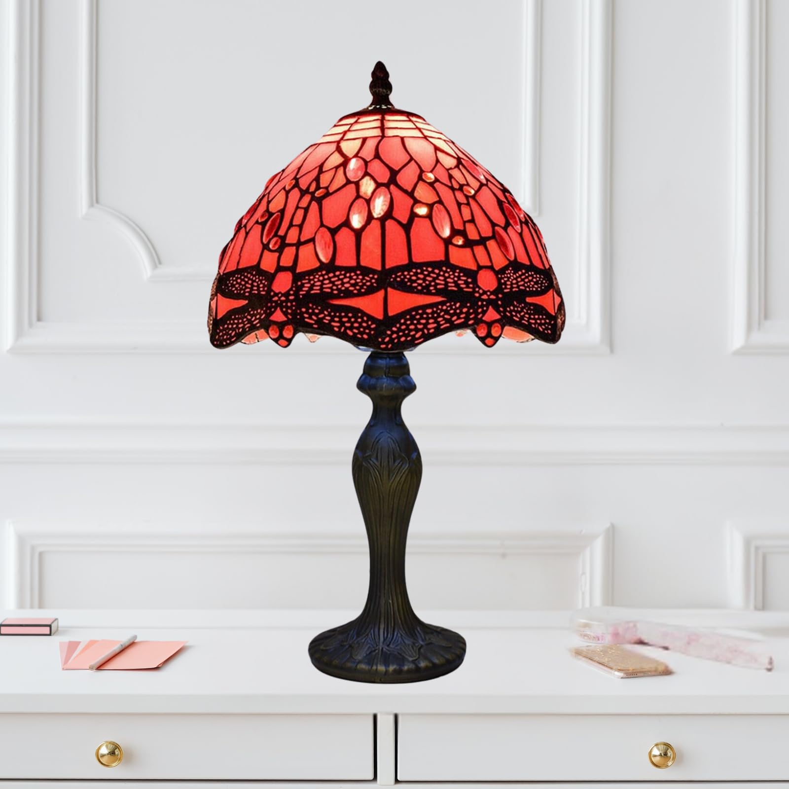 TIFFORA Tiffany Table Lamp – Stained Glass Bedside Lamp, Vintage Art Deco Desk Light for Bedroom, Living Room & Reading, 10 Inch, E27 LED Bulb Compatible Tiffany Style Lamps