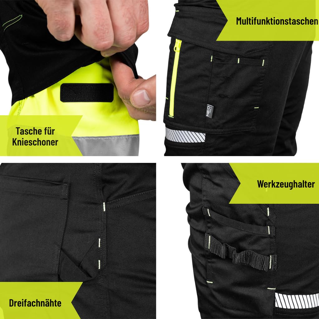 NEO TOOLS Pantaloni di sicurezza neri e gialli – Alta visibilità (classe 1) – Robusto tessuto Twill, tasche per ginocchiere e tasche multifunzionali – Per costruzione, strada e magazzino