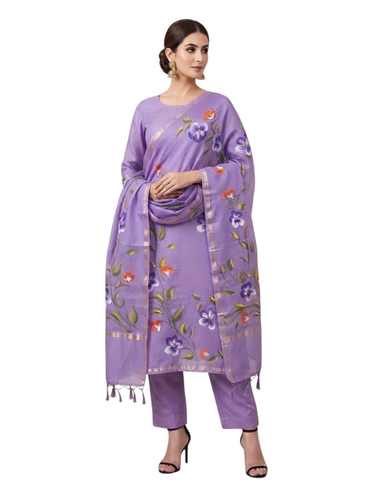 Hand Painted Unstitched Chanderi Silk Suit Set for Women | 3-Piece Ethnic Wear with Pure Cotton Bottom & Designer Dupatta | Traditional Festive Salwar Kameez Material-image-22