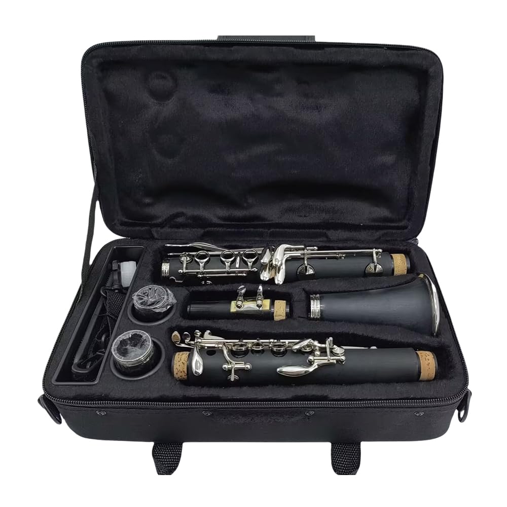 Clarinette en si bémol pour étudiant en bois d'ébonite si bémol 17 touches nickelé pour débutant avec 2 barils avec chiffon de nettoyage gants Noir Orchestre Instrument de musique