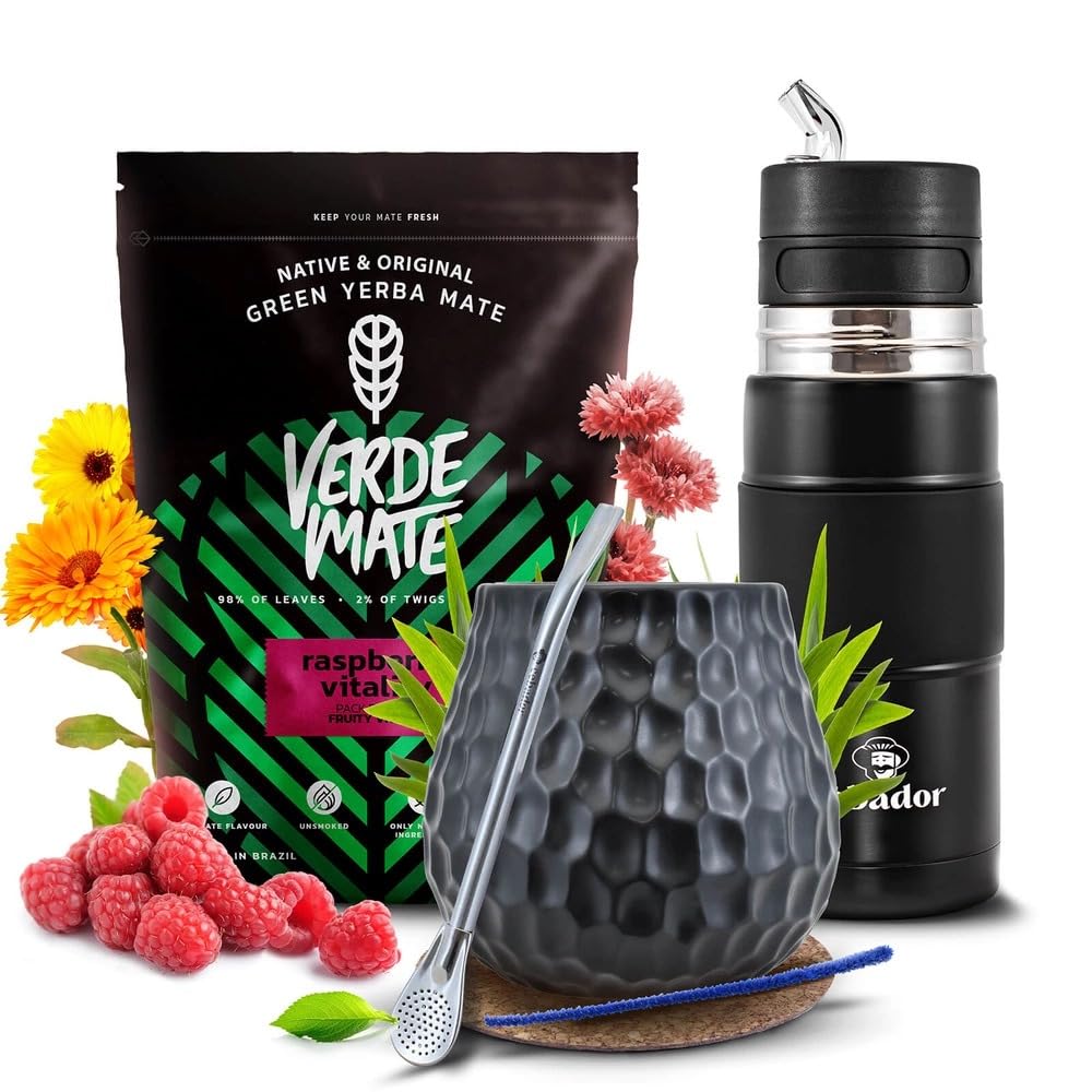 Kit Yerba Mate - Verde Mate Green Raspberry Vitality 500g + Yerbomos X + Calebasse Céramique & Accessoires