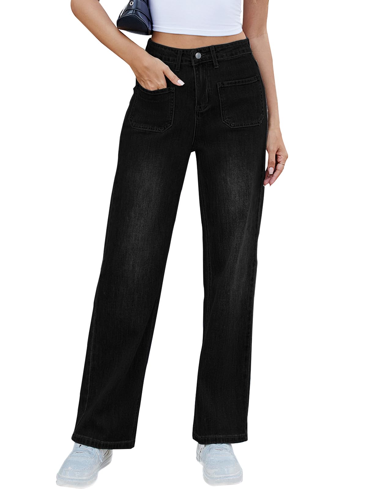 TOSATISFINE Womens Wide Leg Jeans Trendy High Waisted Straight Leg Jeans Stretchy Baggy Denim Pants