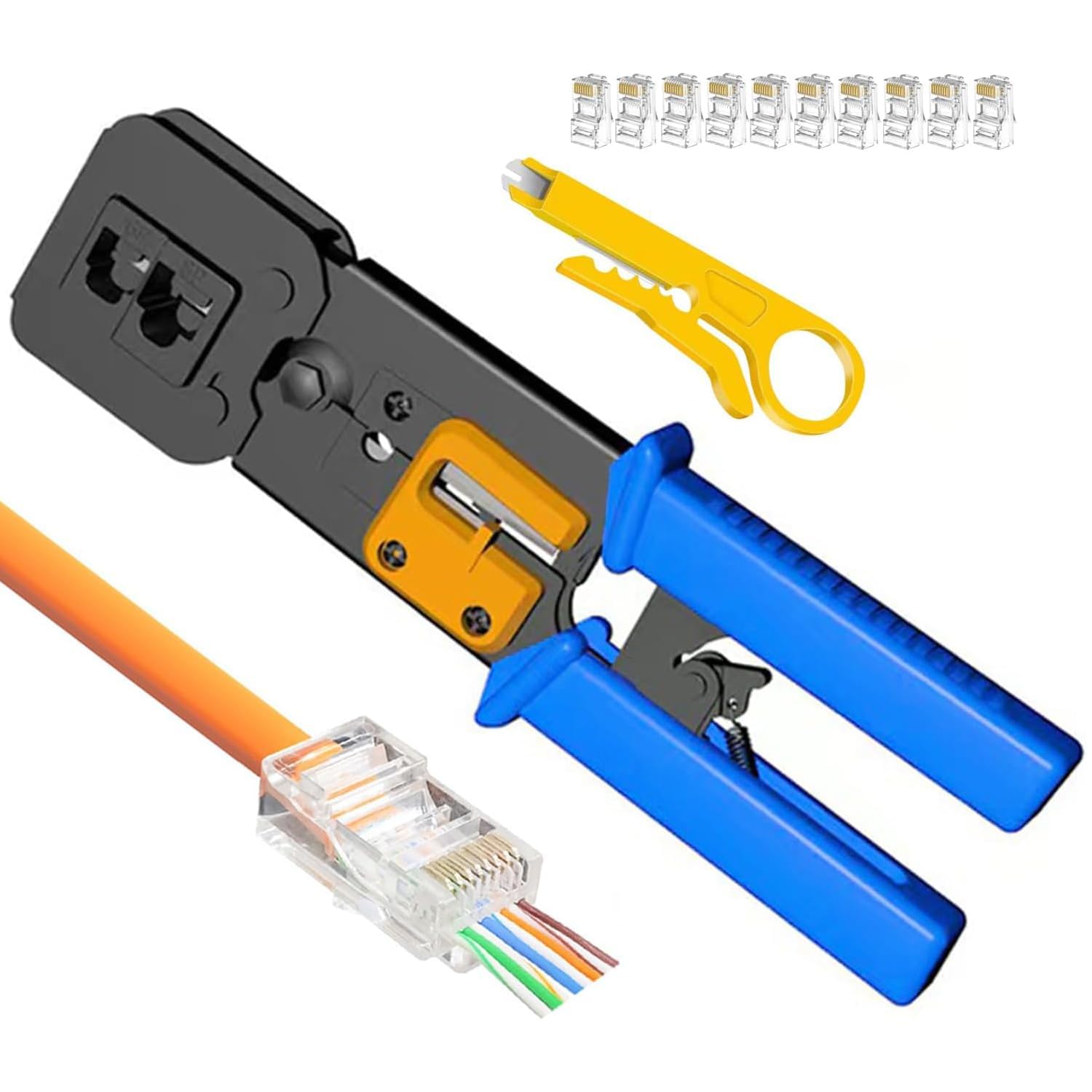 RJ45 Crimping Tool Kit for Cat5 Cat5e Cat6 with 25PCS Ethernet Pass-Through Connectors, Wire Stripper.-image-42