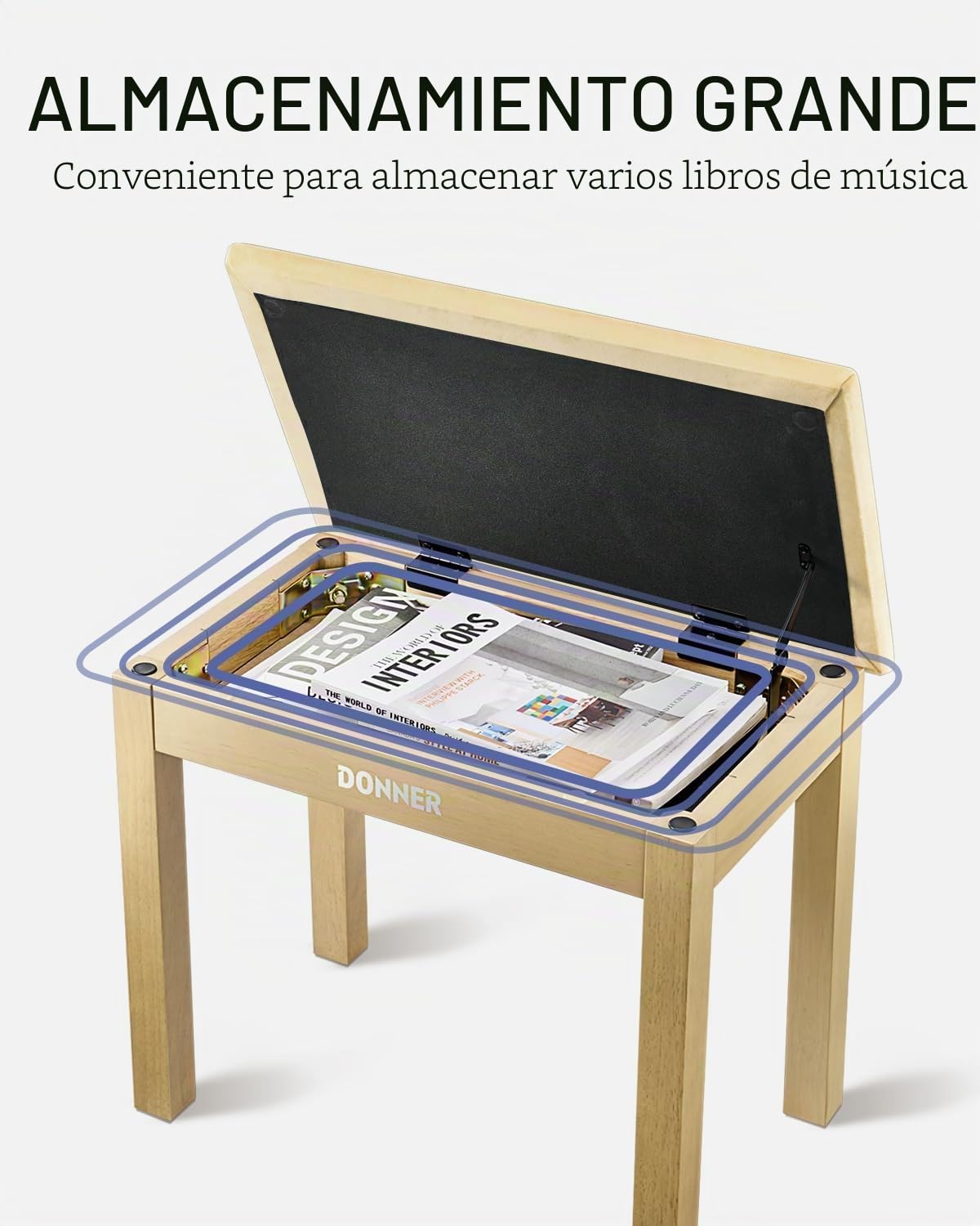 Donner Piano Banco con Almacenamiento, Madera Maciza Teclado Banco Piano Librería Taburete Silla Asiento con Cojín de Gamuza de Alta Densidad, Color Madera Clara